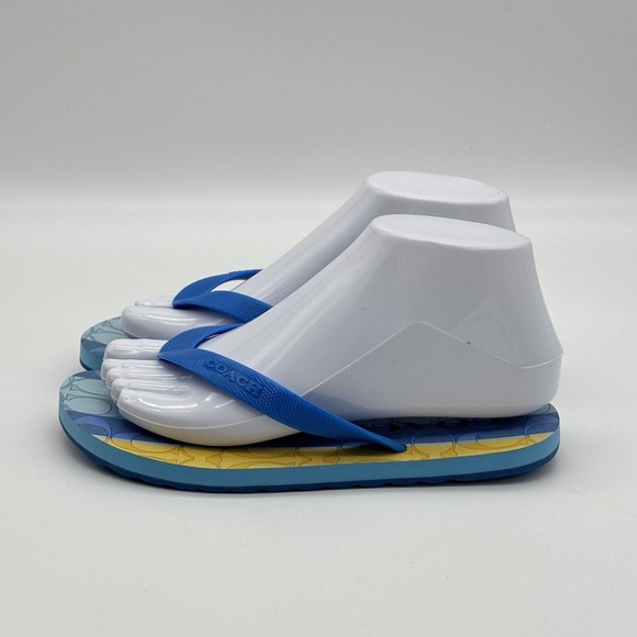 Coach Shoes - NWOT Coach Logo Zak Beach Thong Flip Flop Sandals Blue/Yellow Women’s Size 6 B